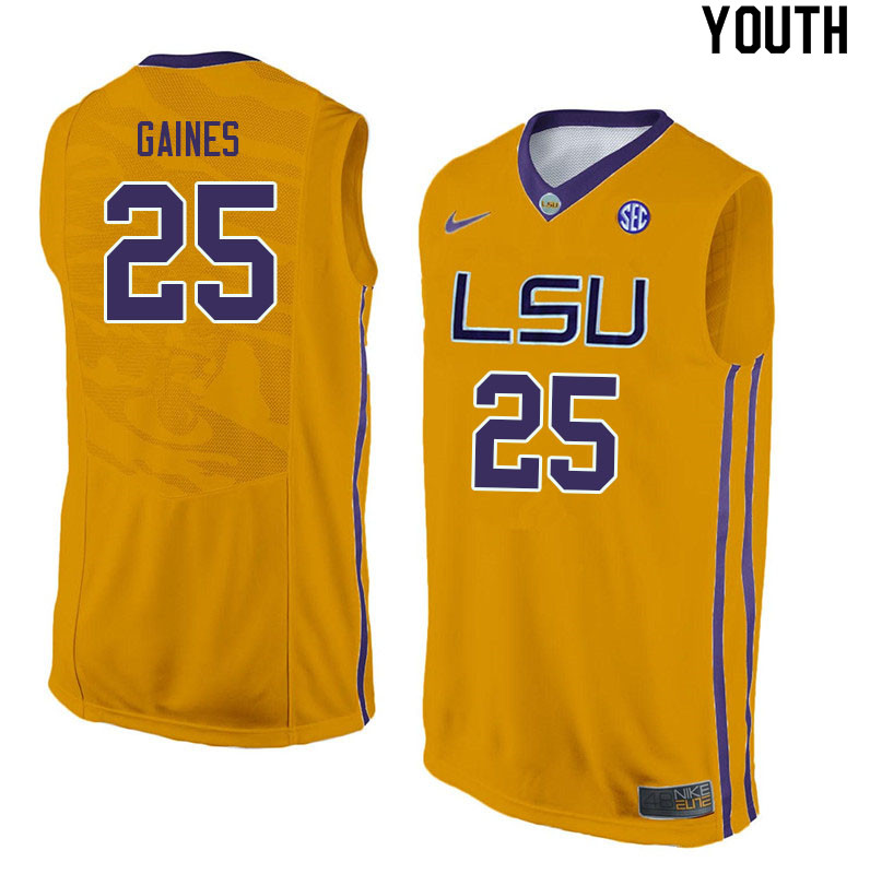 Youth #25 Eric Gaines LSU Tigers College Basketball Jerseys Sale-Yellow